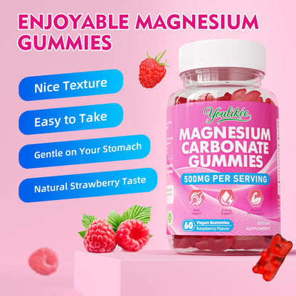 Magnesium Carbonate 500mg Gummies – High Absorption for Adults, Sugar Free, Vegan, Raspberry, 60 Count