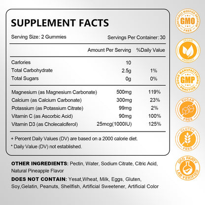 Magnesium Carbonate Gummies 500mg - High Absorption Magnesium Supplement for Digestive & Muscle Support | Sugar Free, Vegan, Pineapple, 60 Count