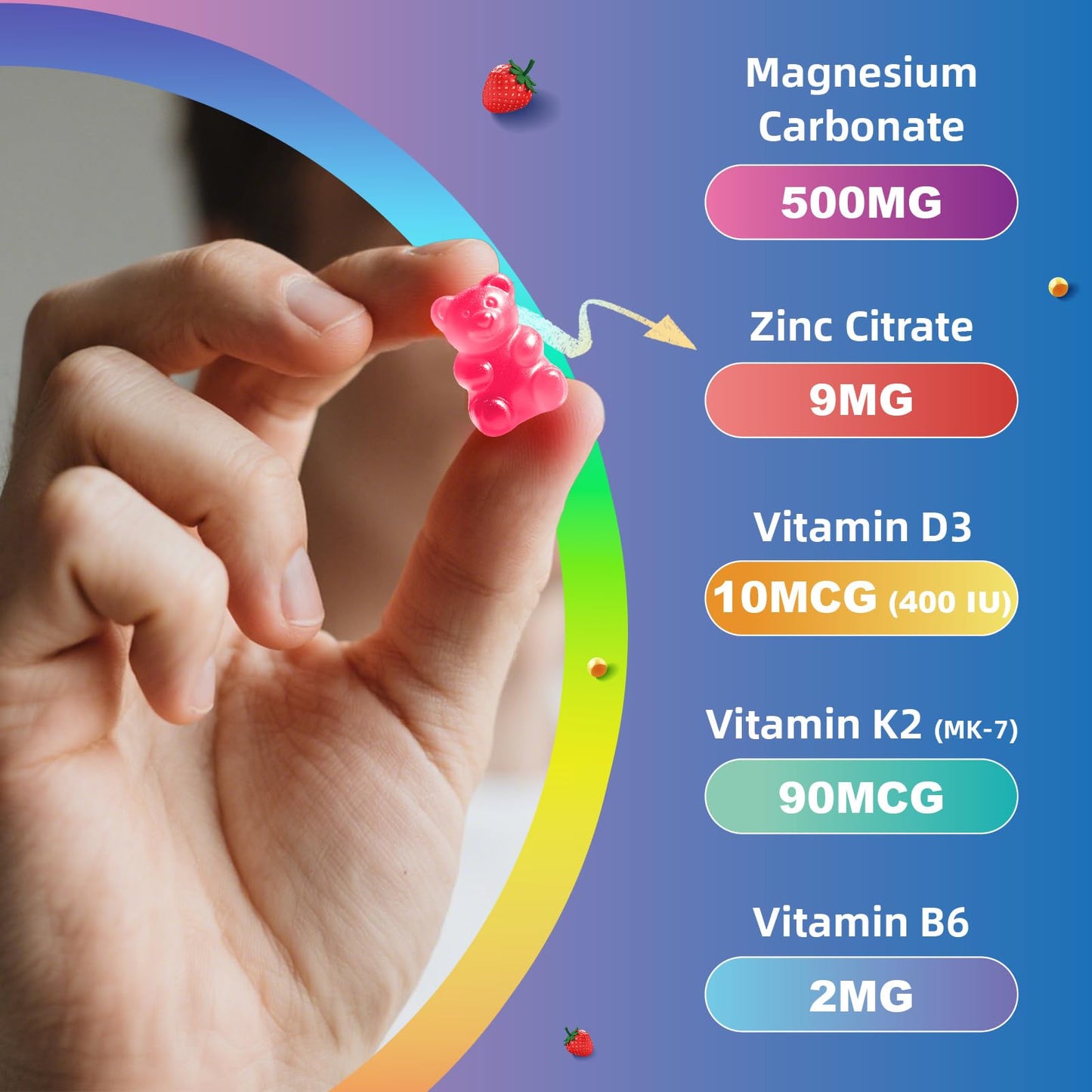 Magnesium Carbonate 500mg Gummies – 60 Ct, Strawberry Chewables with D3, K2, B6 & Zinc
