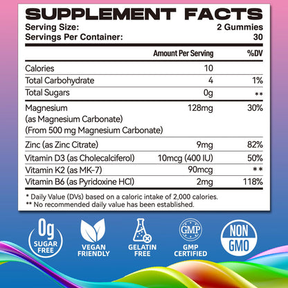 Magnesium Carbonate 500mg Gummies – 60 Ct, Strawberry Chewables with D3, K2, B6 & Zinc
