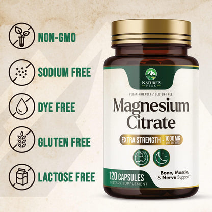Magnesium Citrate 1000mg – High-Absorption Magnesium Supplement | Supports Muscle, Bone, Nerve & Heart Health – 120 Capsules