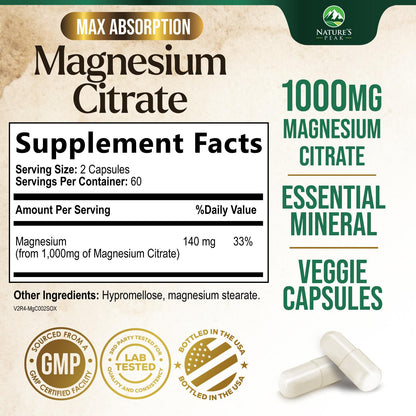Magnesium Citrate 1000mg – High-Absorption Magnesium Supplement | Supports Muscle, Bone, Nerve & Heart Health – 120 Capsules