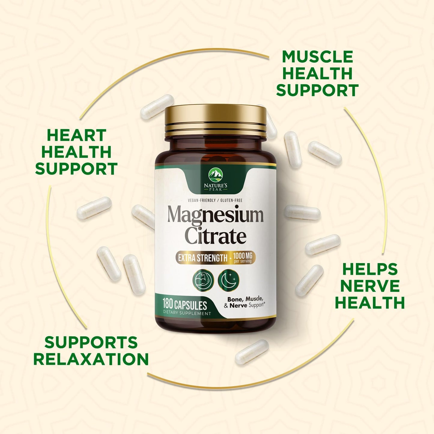 Magnesium Citrate 1000mg – High Absorption Magnesium Supplement (180 Capsules) – Non-GMO