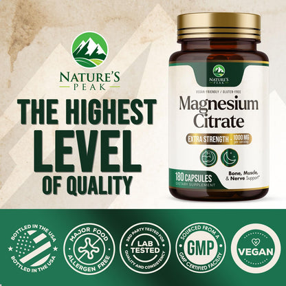 Magnesium Citrate 1000mg – High Absorption Magnesium Supplement (180 Capsules) – Non-GMO