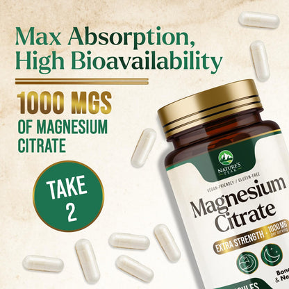 Magnesium Citrate 1000mg – High Absorption Magnesium Supplement (180 Capsules) – Non-GMO
