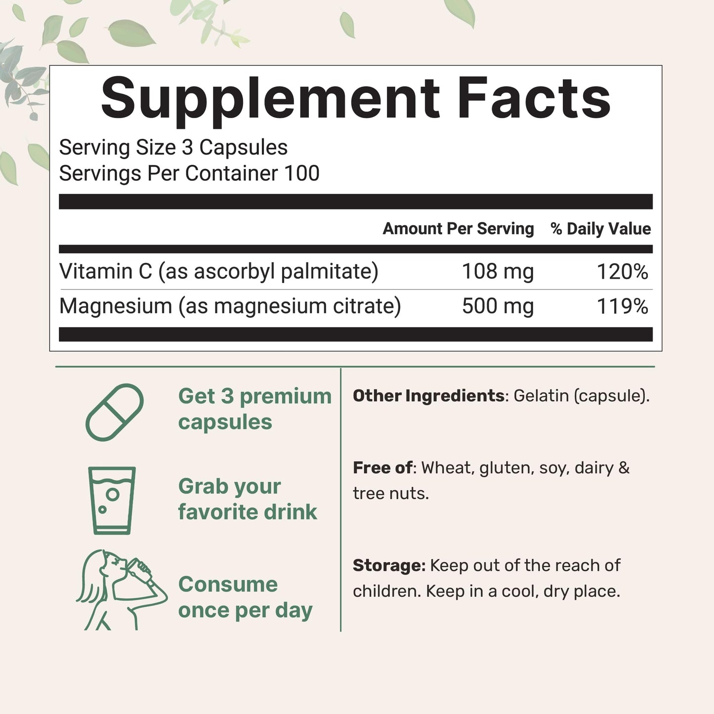Pure Magnesium Citrate 500mg | 300 Capsules | Chelated, Fat-Soluble Vitamin C | Supports Digestion, Muscle & Heart Health