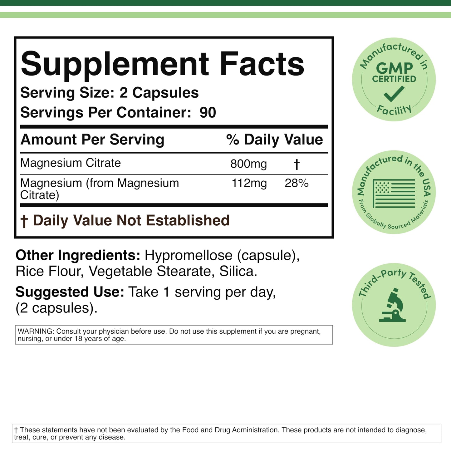 Magnesium Citrate 800mg - 180 Capsules | Digestion & Constipation Support | Vegan, Non-GMO | Double Wood Supplements