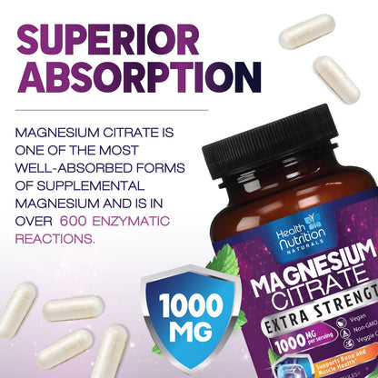 Magnesium Citrate Capsules 1000mg – High Absorption for Muscle, Nerve, Bone & Heart (60 Capsules)