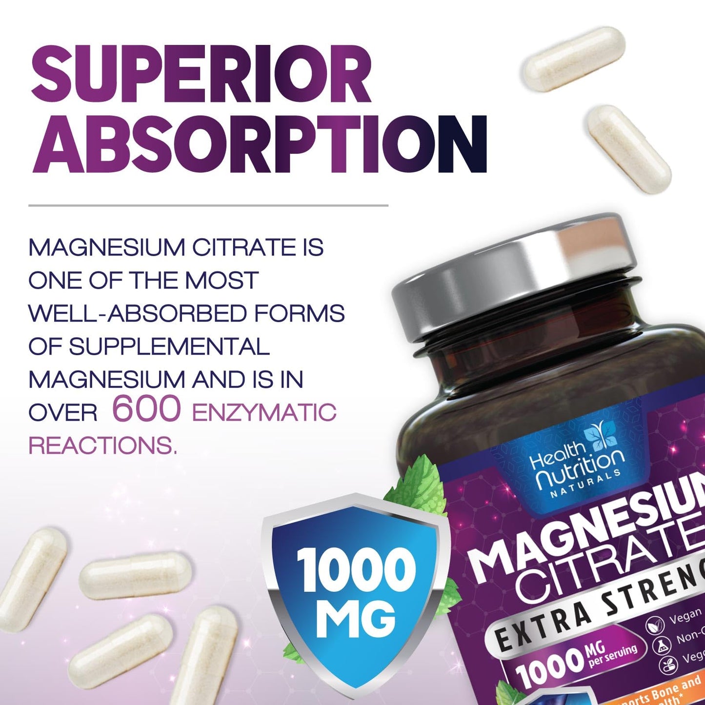 Magnesium Citrate Capsules 1000mg - High Absorption | 180 Caps