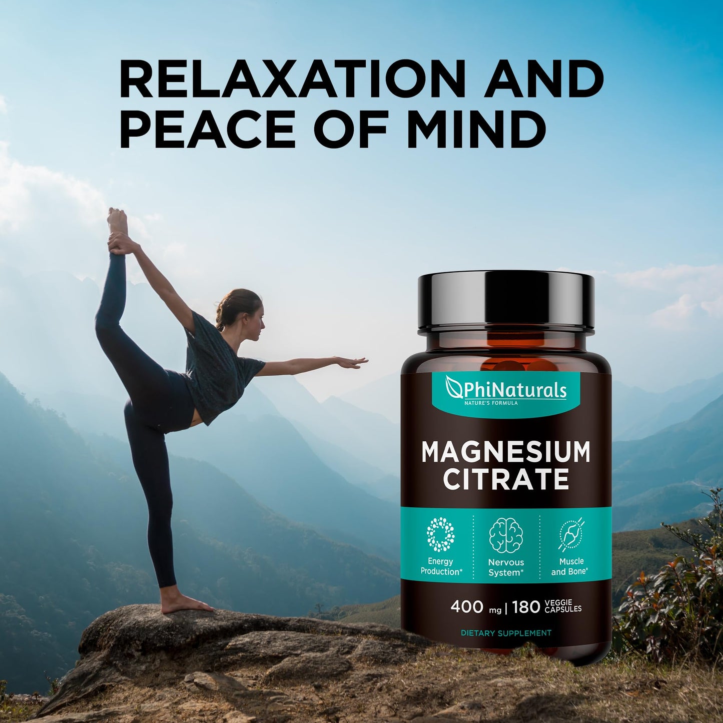 Magnesium Citrate Capsules 400 mg – 180 Veg Caps – Nervous System Support and Enzyme Function | PhiNaturals