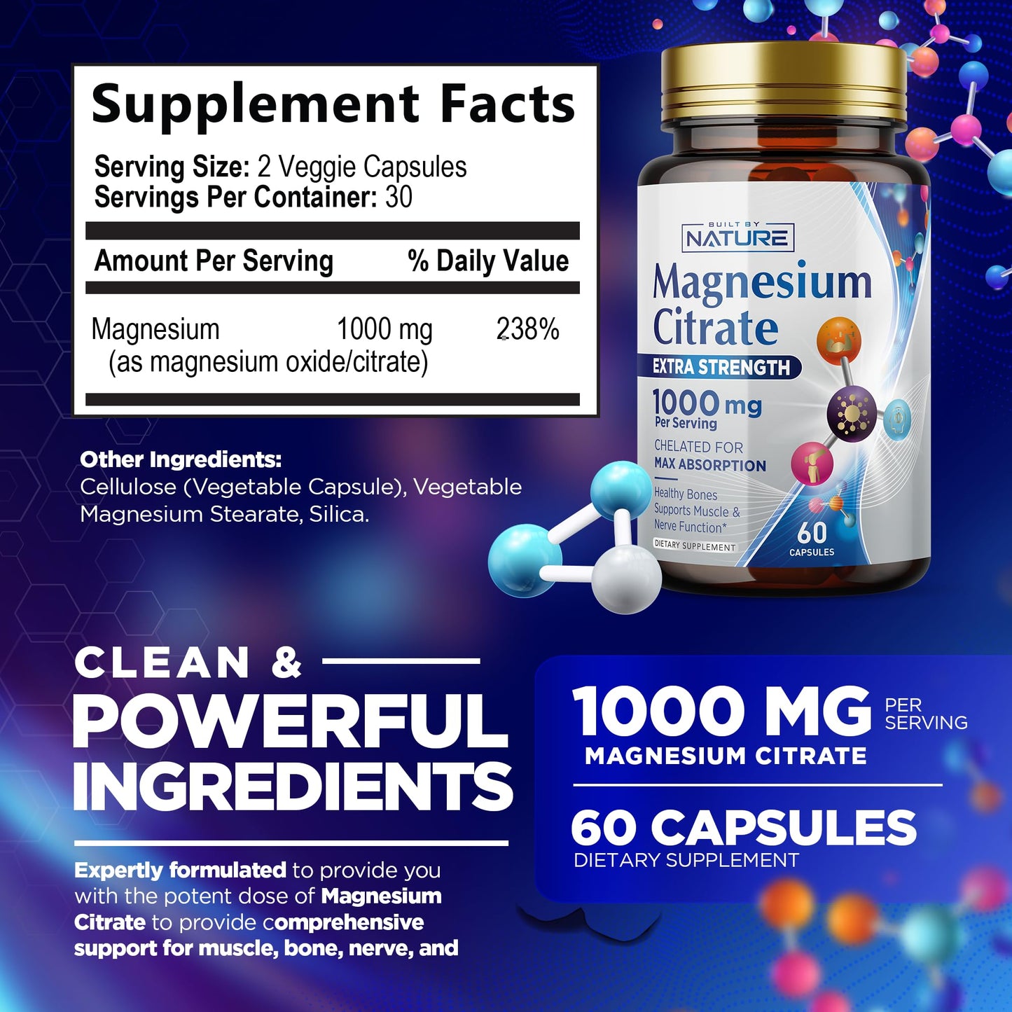 Magnesium Citrate 1000mg - Max Absorption & High Potency Magnesium Complex Supplement for Heart, Muscle, Nerve, Bone Health & Stress Relief - Non-GMO, Gluten-Free - 60 Vegan Capsules