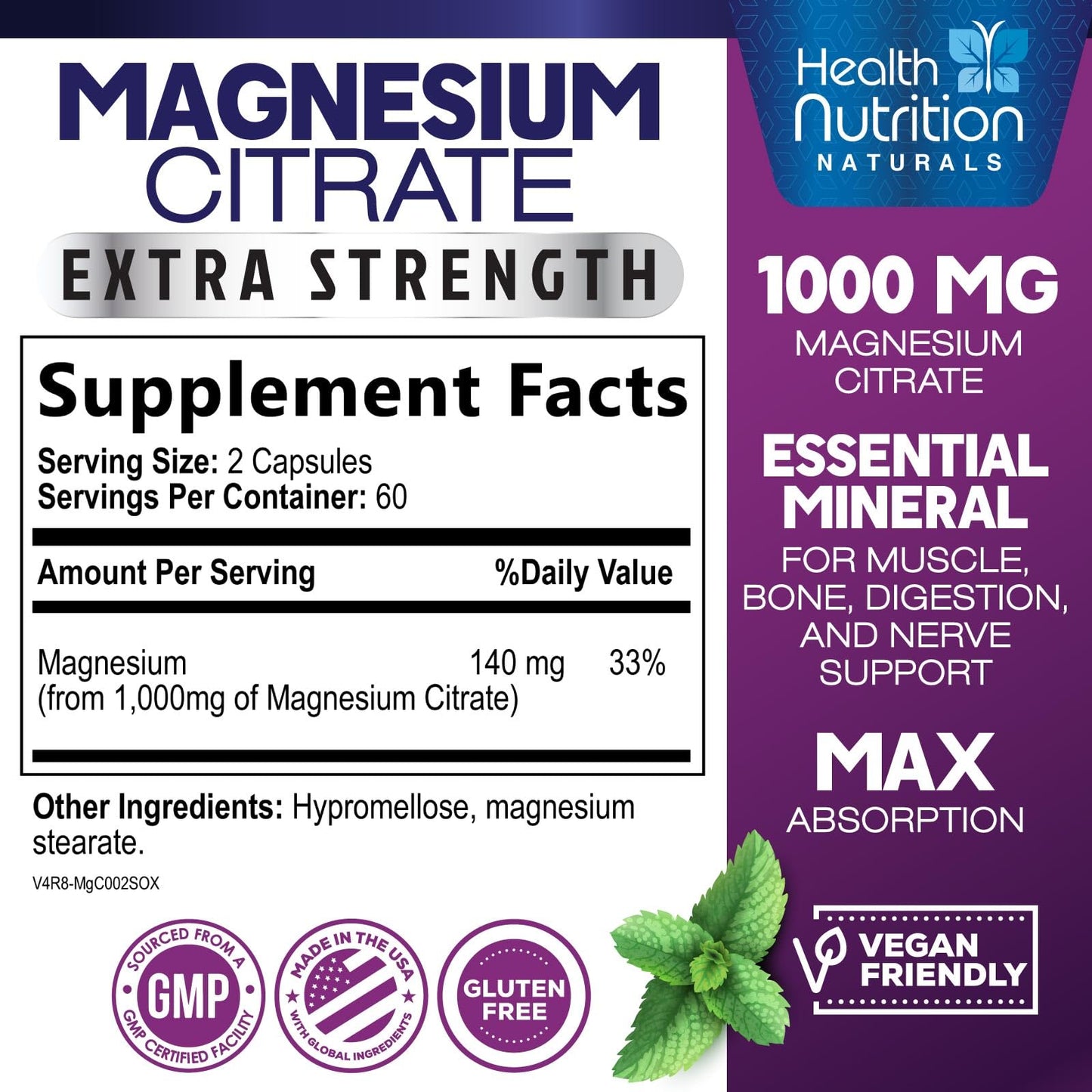 Magnesium Citrate Capsules 1000mg – Max Absorption for Muscle, Nerve, Bone & Heart Health | Gluten Free, Non-GMO | 120 Capsules