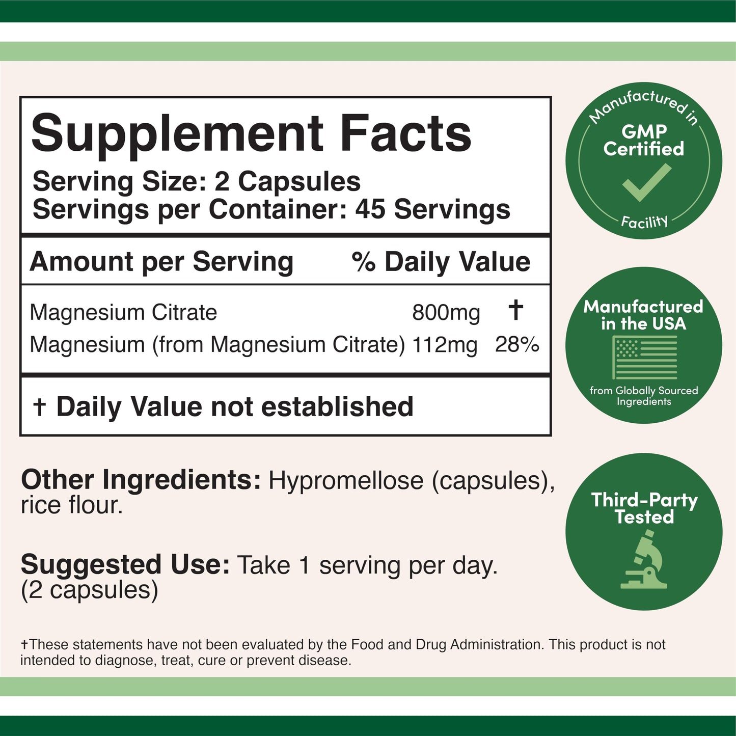 Magnesium Citrate 800mg - 90 Capsules | Digestive Support (Vegan)
