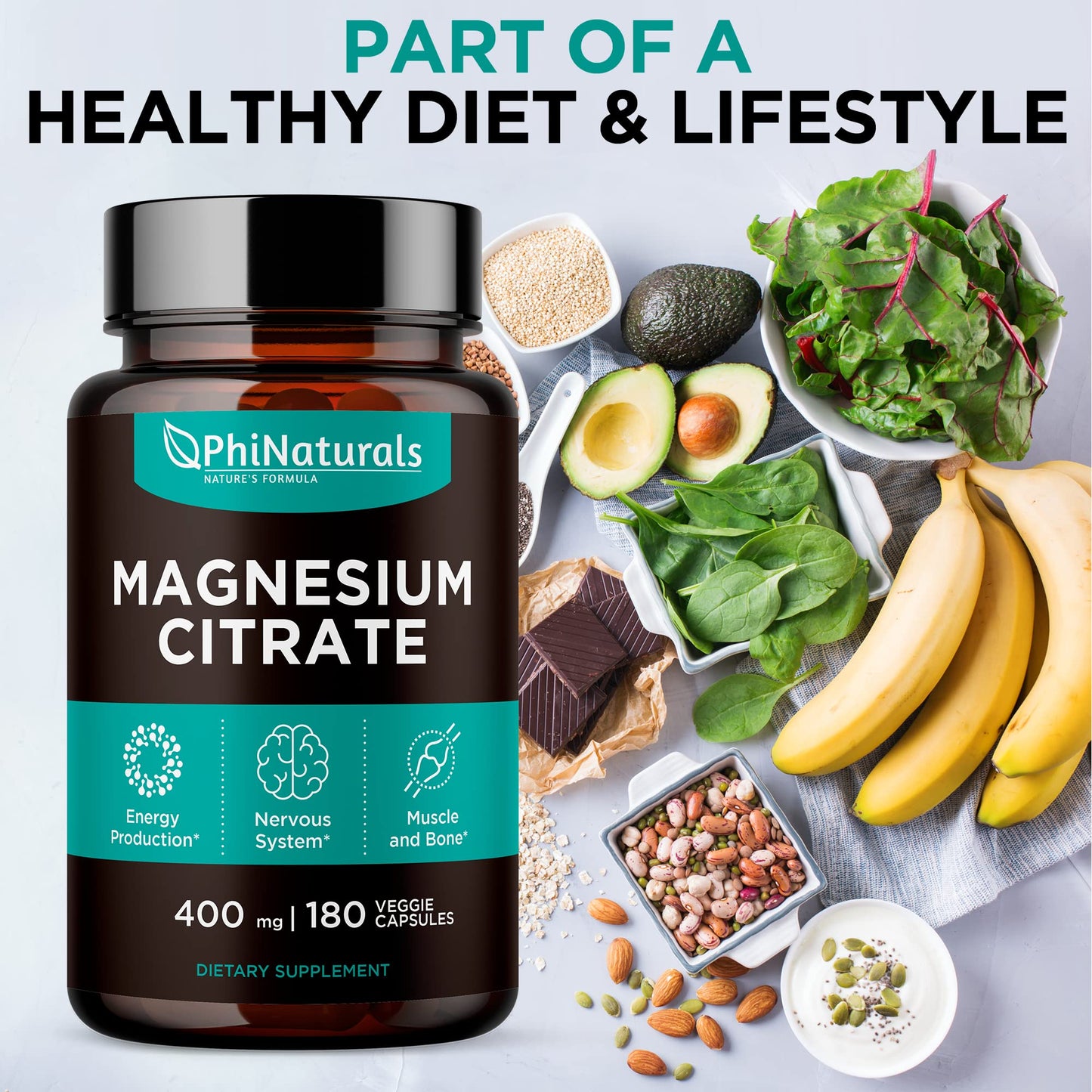Magnesium Citrate Capsules 400 mg – 180 Veg Caps – Nervous System Support and Enzyme Function | PhiNaturals