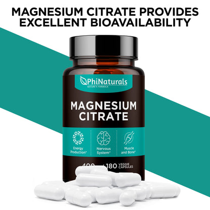 Magnesium Citrate Capsules 400 mg – 180 Veg Caps – Nervous System Support and Enzyme Function | PhiNaturals
