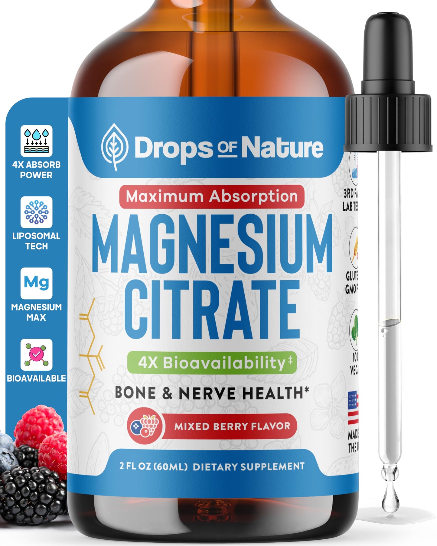 Magnesium Citrate Liquid – Bioavailable 150 mg Magnesium, Vegan (Mixed Berry, 60 mL)