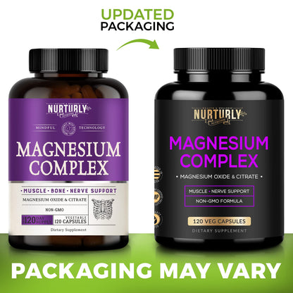 NURTURLY Magnesium Citrate & Oxide 500mg Complex – High Absorption, 360 Vegan Capsules