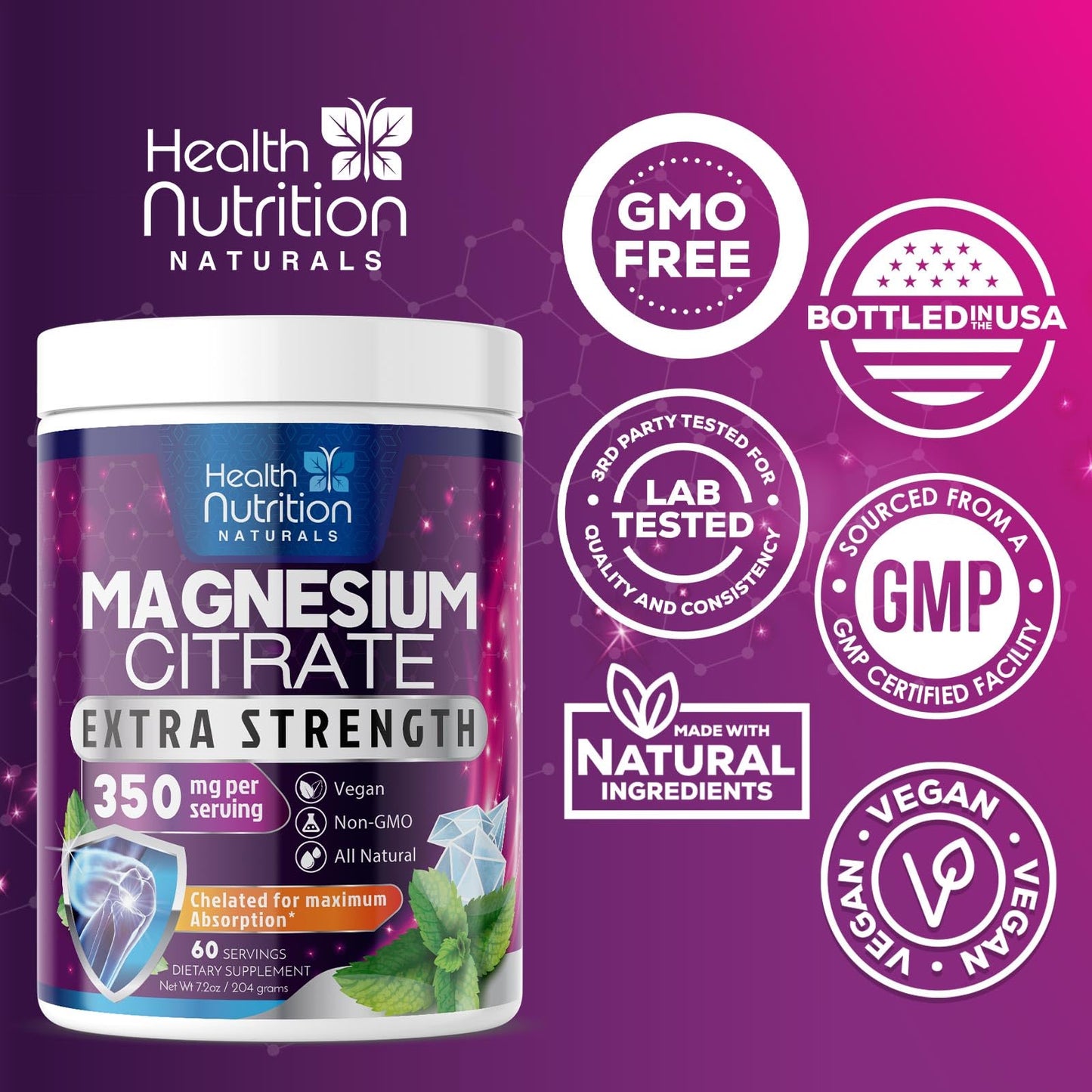Magnesium Citrate Powder Drink Mix (60 Servings) - Aquamin Magnesium | Sugar Free, Gluten Free, Vegan