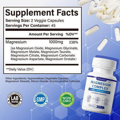 Magnesium Complex 1000mg – 8 Forms (Glycinate, Citrate, Malate) – Vegan, Non-GMO