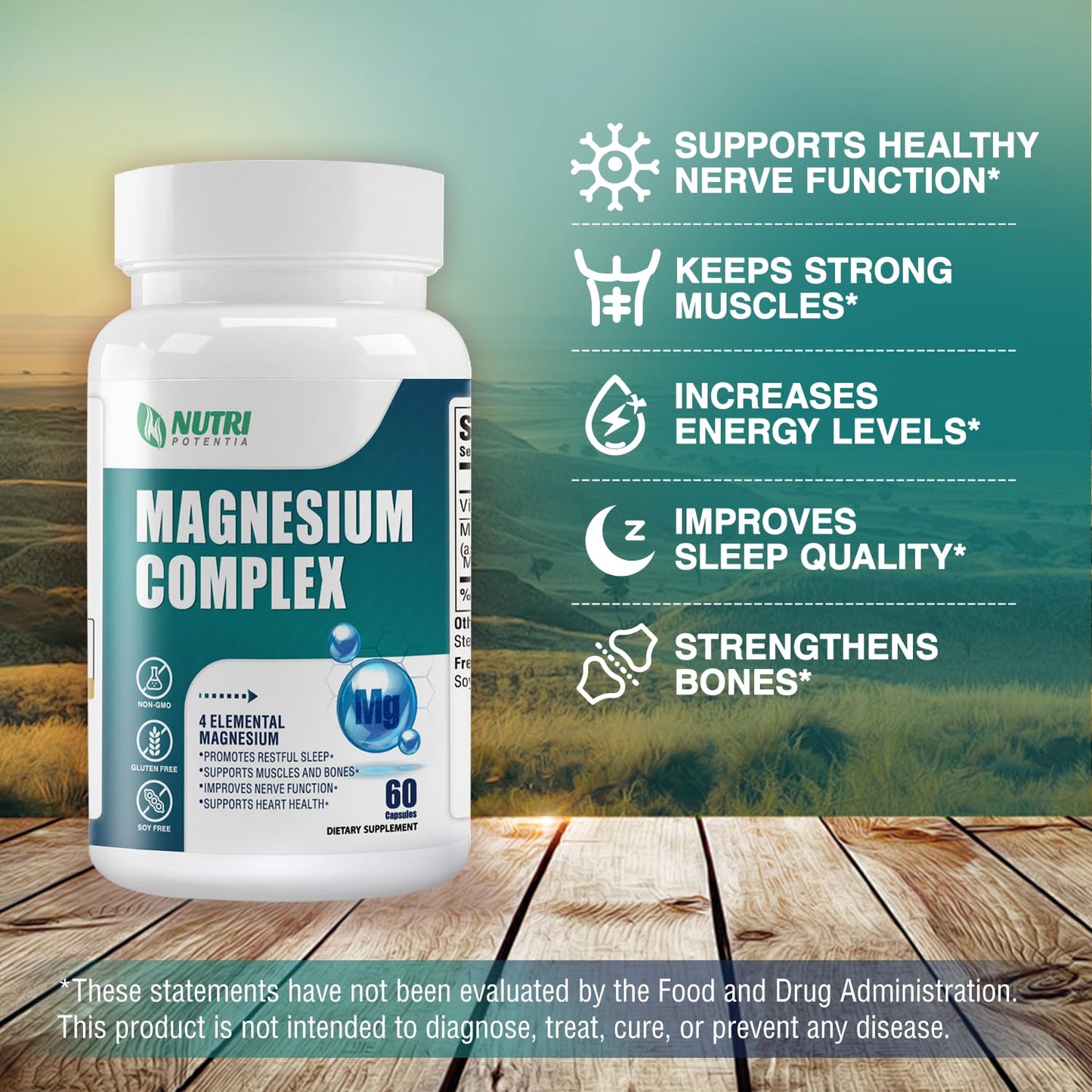 Magnesium Complex Supplement 500 mg – Glycinate, Citrate, Malate, Taurate + B6 | Bone, Heart, Muscle & Nervous System Support | 60 Capsules