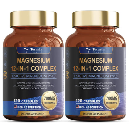Totaria Magnesium Complex 700mg — 12 Chelates, Vegan 2-Pack (120 capsules)