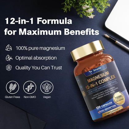 Totaria Magnesium Complex 700mg — 12 Chelates, Vegan 2-Pack (120 capsules)