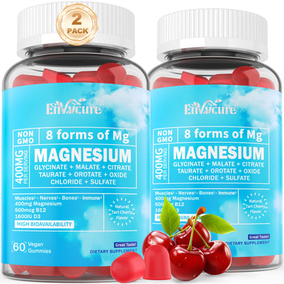 EnvyCure Magnesium Complex Gummies 400mg – 8 Forms + Ashwagandha, D3 & B12 | Vegan 120ct