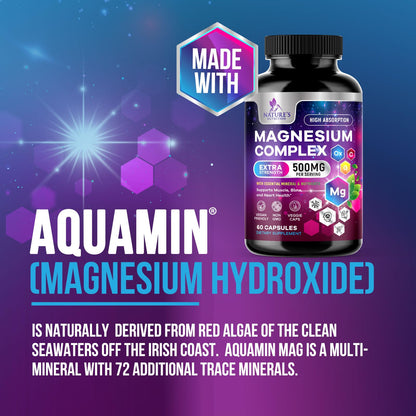 Magnesium Complex 500 mg – 5-in-1 High Absorption Chelated Magnesium Glycinate, Malate, Citrate, Oxide & Aquamin | Non-GMO, 60 Capsules