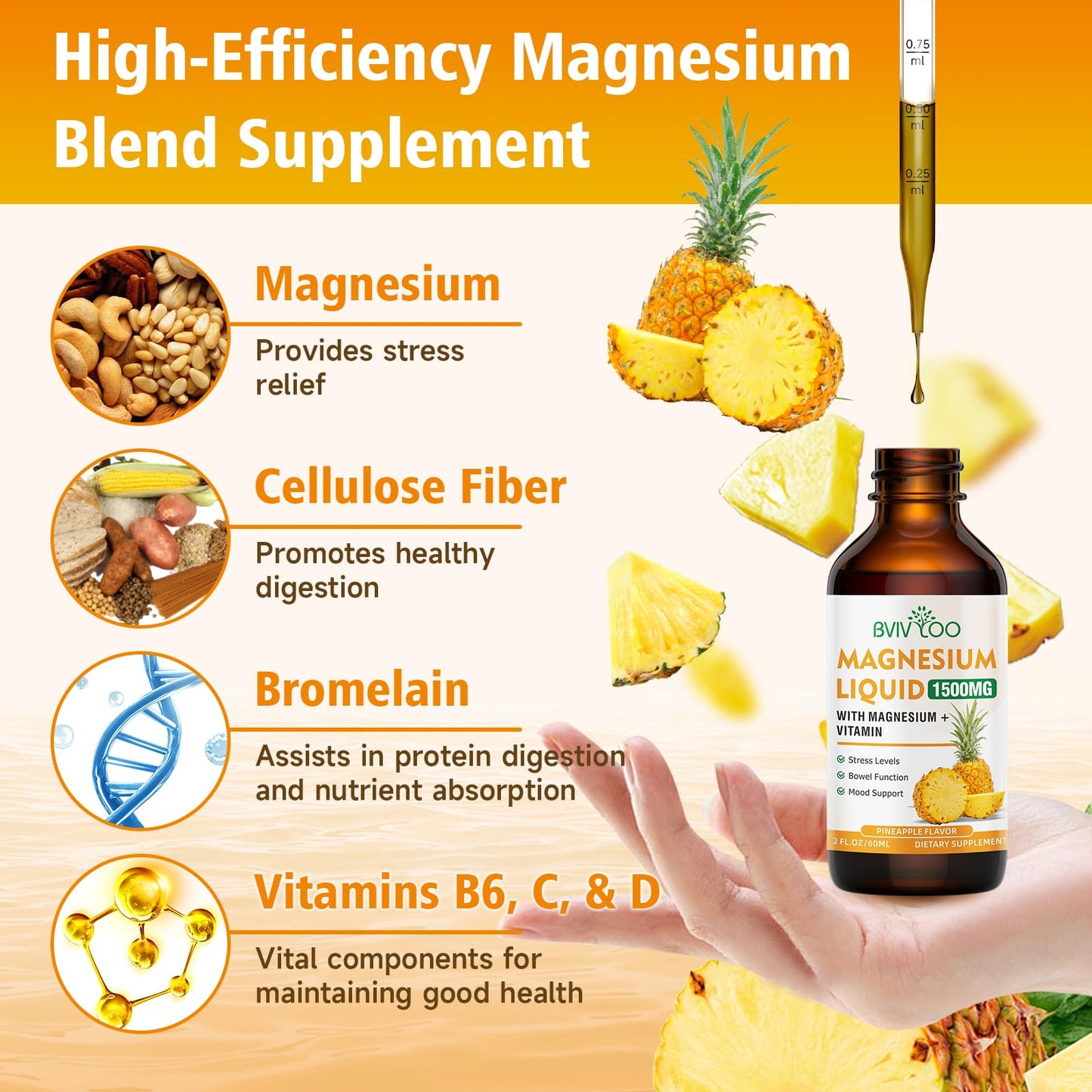 Magnesium Glycinate Liquid Drops – High Absorption, Pineapple Flavor, 2 oz