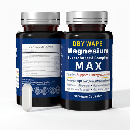 Magnesium & Energy Complex – 4 High-Absorption Types with Lion’s Mane, L-Theanine, CoQ10, Taurine – Vegan, Non-GMO – 90 Capsules
