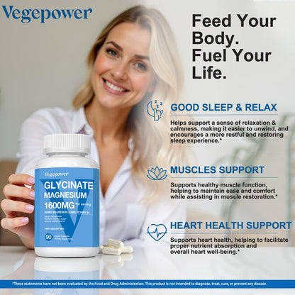 Magnesium Glycinate 1600mg - 90 Vegan Capsules with D3, B6 & Zinc