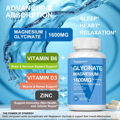 Magnesium Glycinate 1600mg - 90 Vegan Capsules with D3, B6 & Zinc
