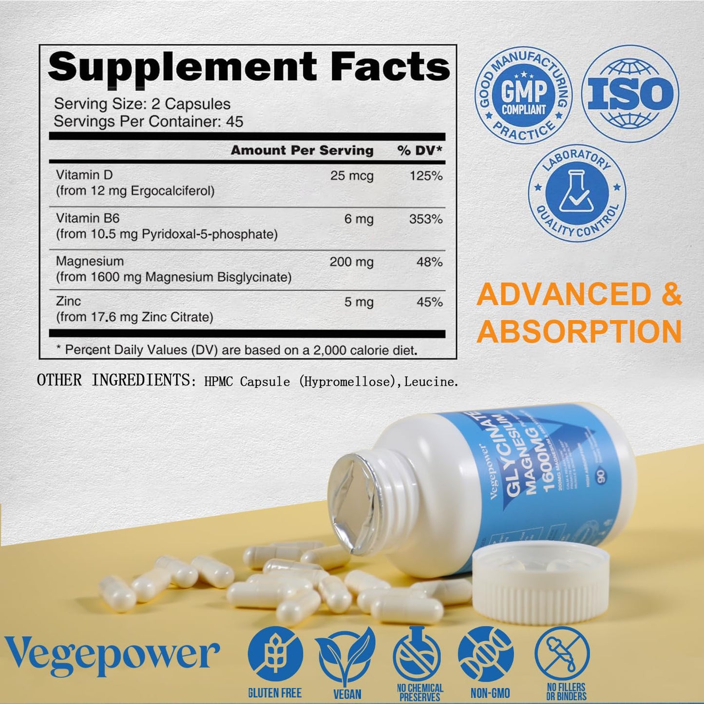 Magnesium Glycinate 1600mg - 90 Vegan Capsules with D3, B6 & Zinc