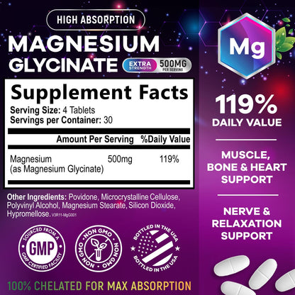 Magnesium Glycinate 250mg - 120 Tablets | Chelated & Purified | Supports Sleep, Heart Health, Muscles & Bones | Best Absorption | Made in USA
