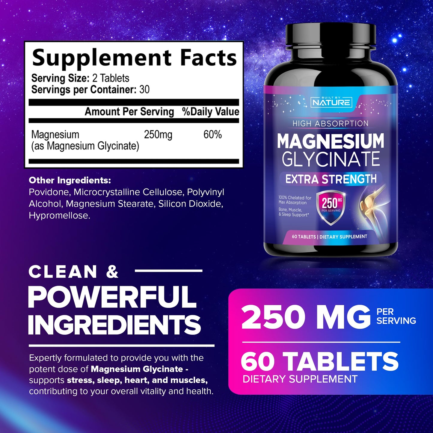 Magnesium Glycinate 250mg - High Absorption Chelated Magnesium Supplement for Stress, Sleep, Heart & Muscle Health - 100% Pure, Non-GMO, Vegan, Gluten-Free (60 Tablets)