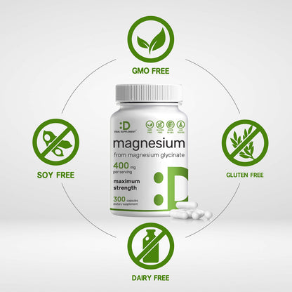 Magnesium Glycinate 400mg, 300 Capsules | 100% Chelated for Easy Absorption | Essential Mineral Supplement for Muscle, Sleep & Heart Health