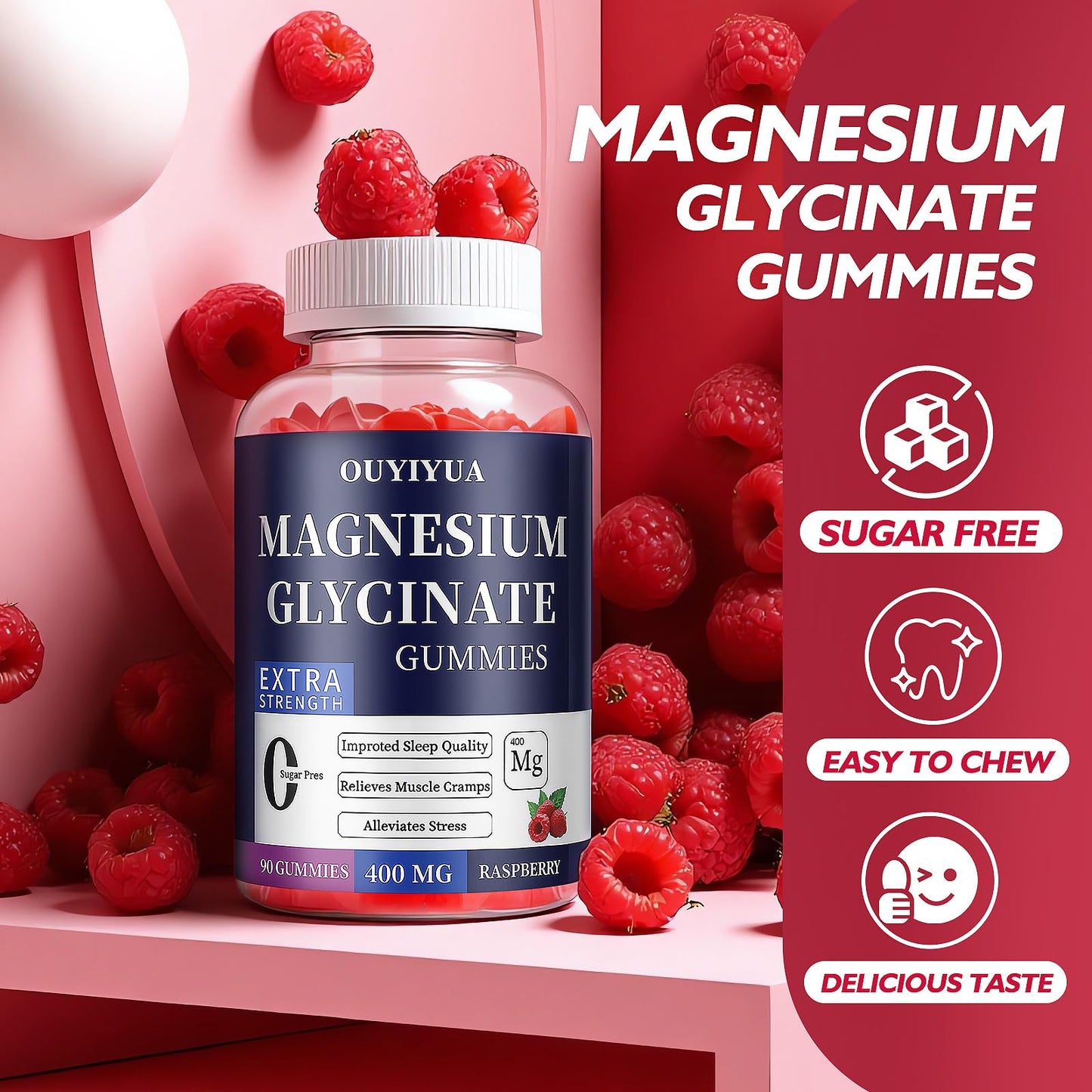 OUYIYUA Magnesium Glycinate 400mg Gummies - Sugar Free with Vitamin D & B6 | 2 Pack