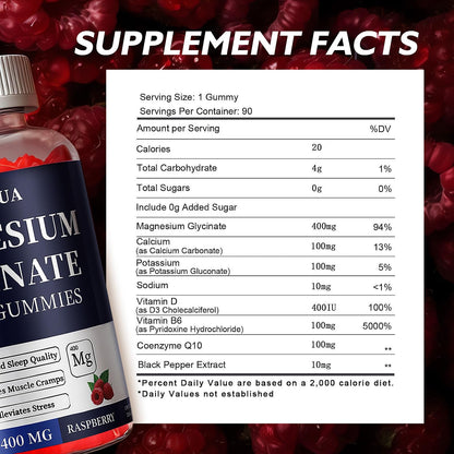 OUYIYUA Magnesium Glycinate 400mg Gummies - Sugar Free with Vitamin D & B6 | 2 Pack