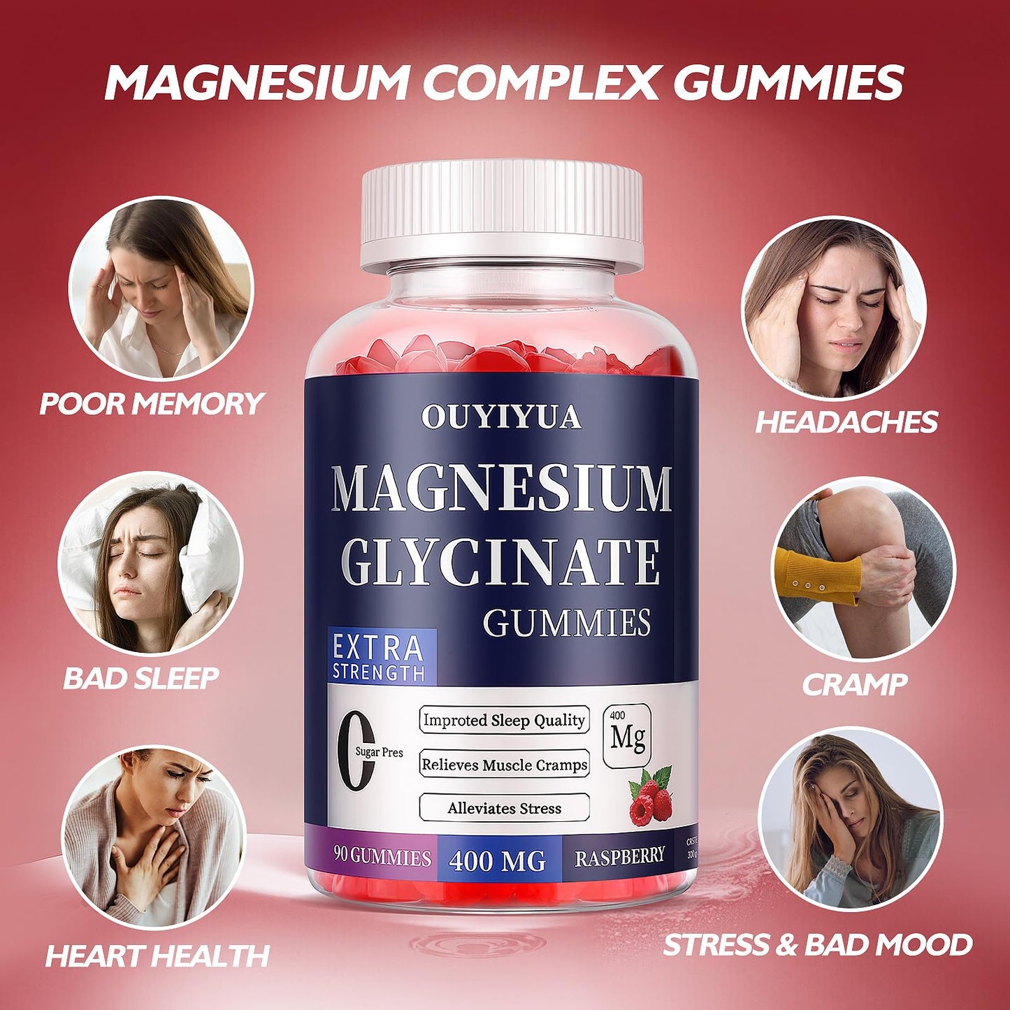 OUYIYUA Magnesium Glycinate 400mg Gummies - Sugar Free with Vitamin D & B6 | 2 Pack