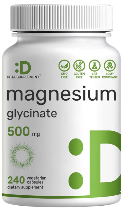 Magnesium Glycinate 500mg, 240 Veggie Capsules – Chelated, Non-GMO, Vegan Friendly