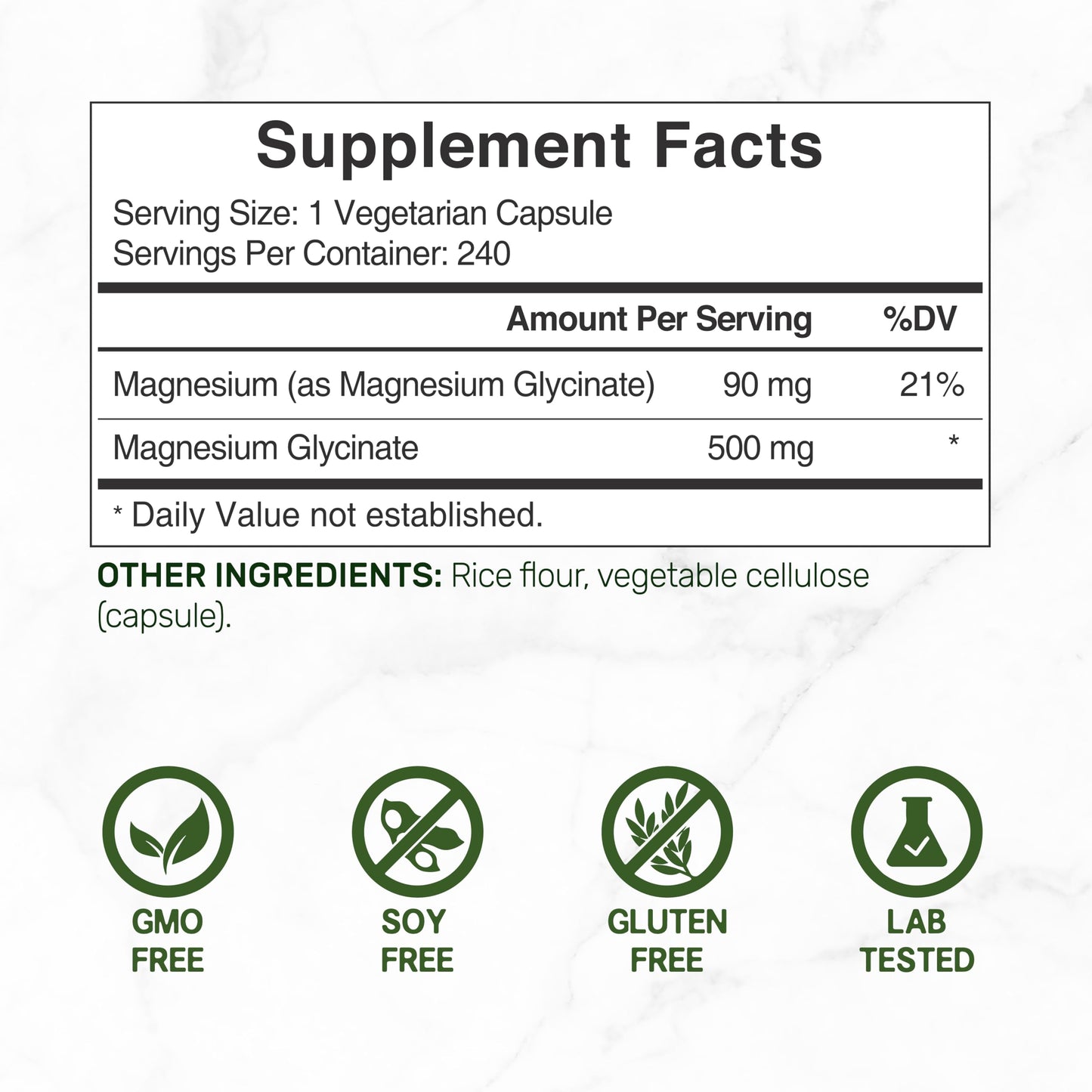 Magnesium Glycinate 500mg, 240 Veggie Capsules – Chelated, Non-GMO, Vegan Friendly