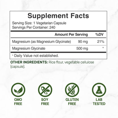 Magnesium Glycinate 500mg, 240 Veggie Capsules – Chelated, Non-GMO, Vegan Friendly