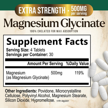 Magnesium Glycinate 500mg – Ultra Absorption (120 Tablets) | Supports Bones & Muscles