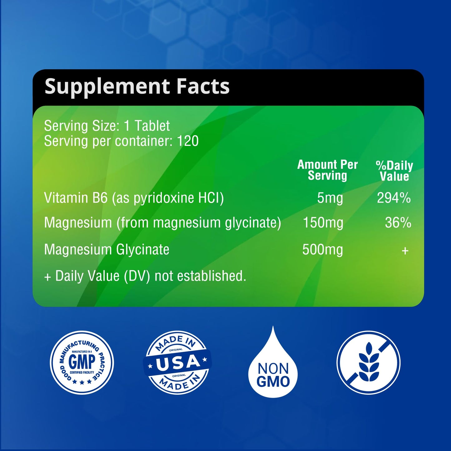 Magnesium Glycinate 500mg with B6 – 120 Vegetarian Tablets | Non-GMO, Gluten Free