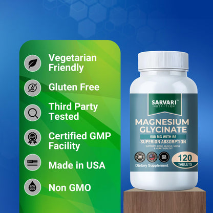 Magnesium Glycinate 500mg with B6 – 120 Vegetarian Tablets | Non-GMO, Gluten Free