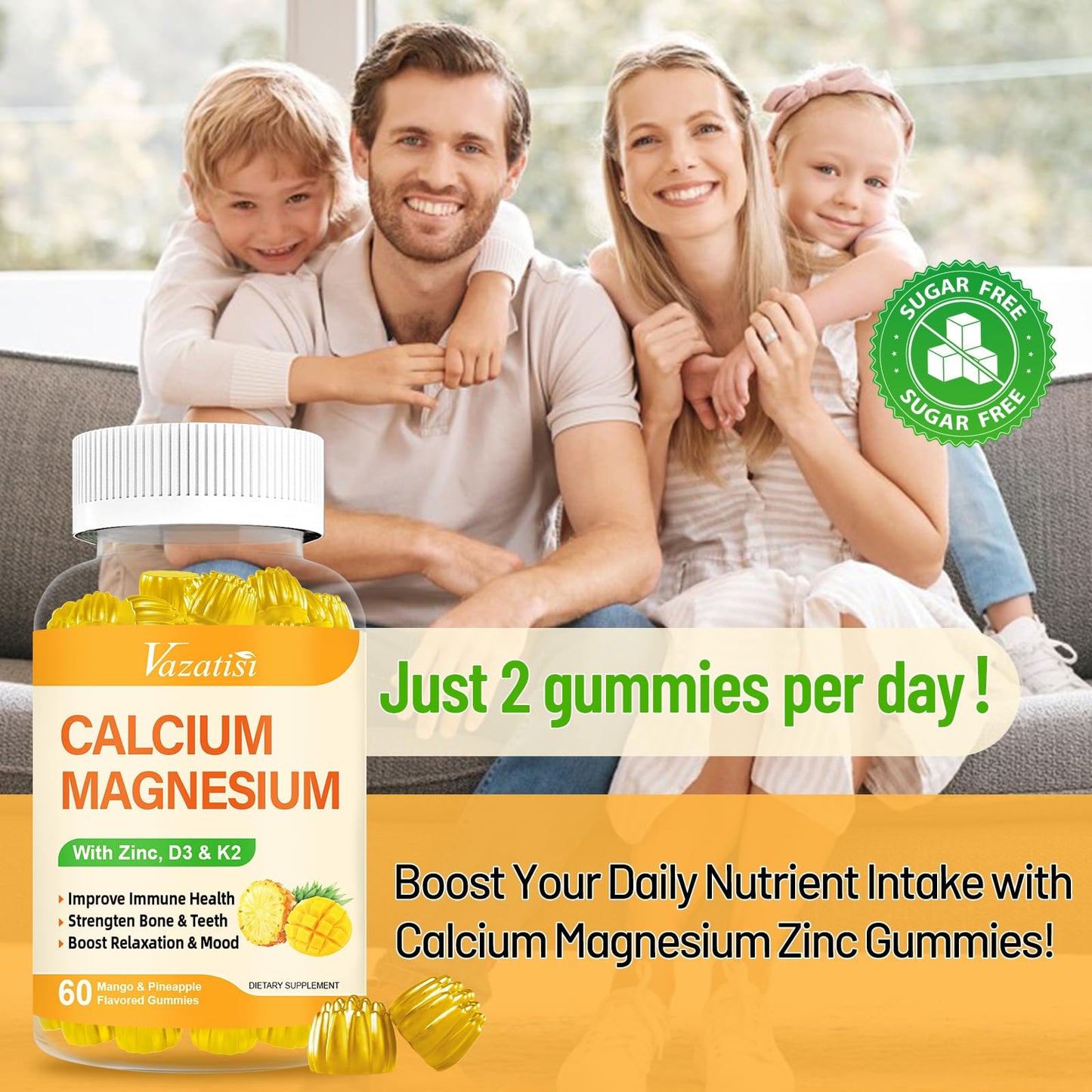 Calcium Magnesium Zinc Gummies with Vitamin D3 & K2 – Vegan Mango-Pineapple, 60 Gummies