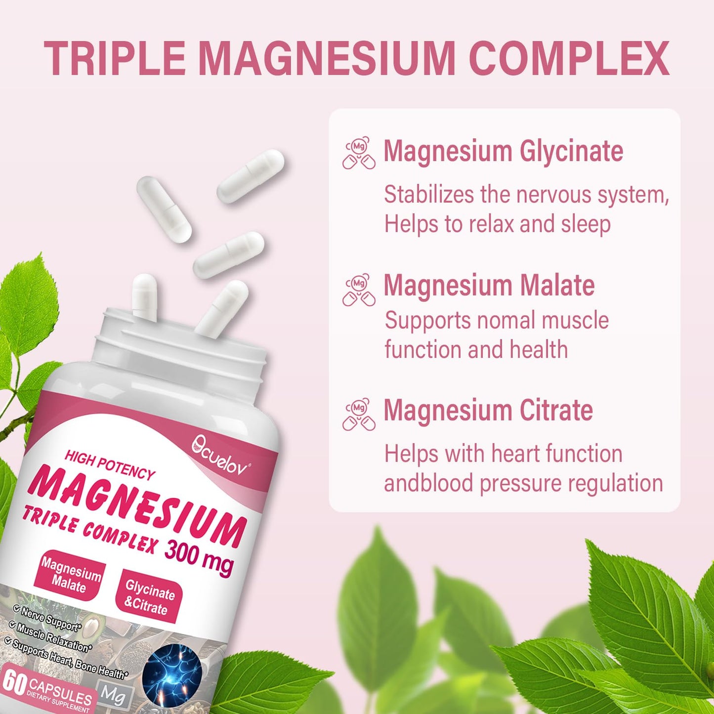 Triple Magnesium Complex 300mg – Glycinate, Malate & Citrate | 60 Caps | Vegan & Non-GMO