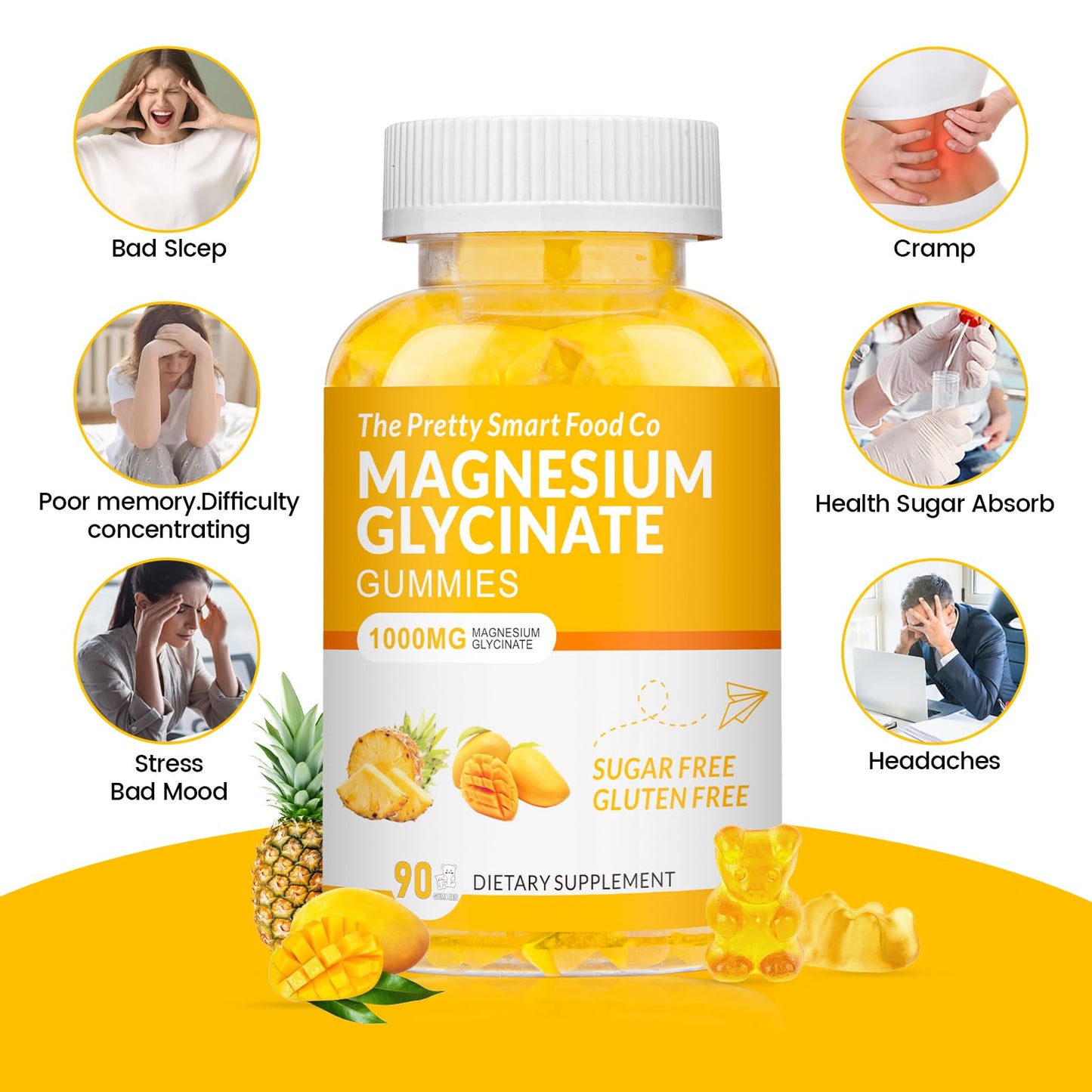 Magnesium Glycinate Gummies 1000mg - 90 Ct | Calm Mood, Sleep Support | Mango Pineapple