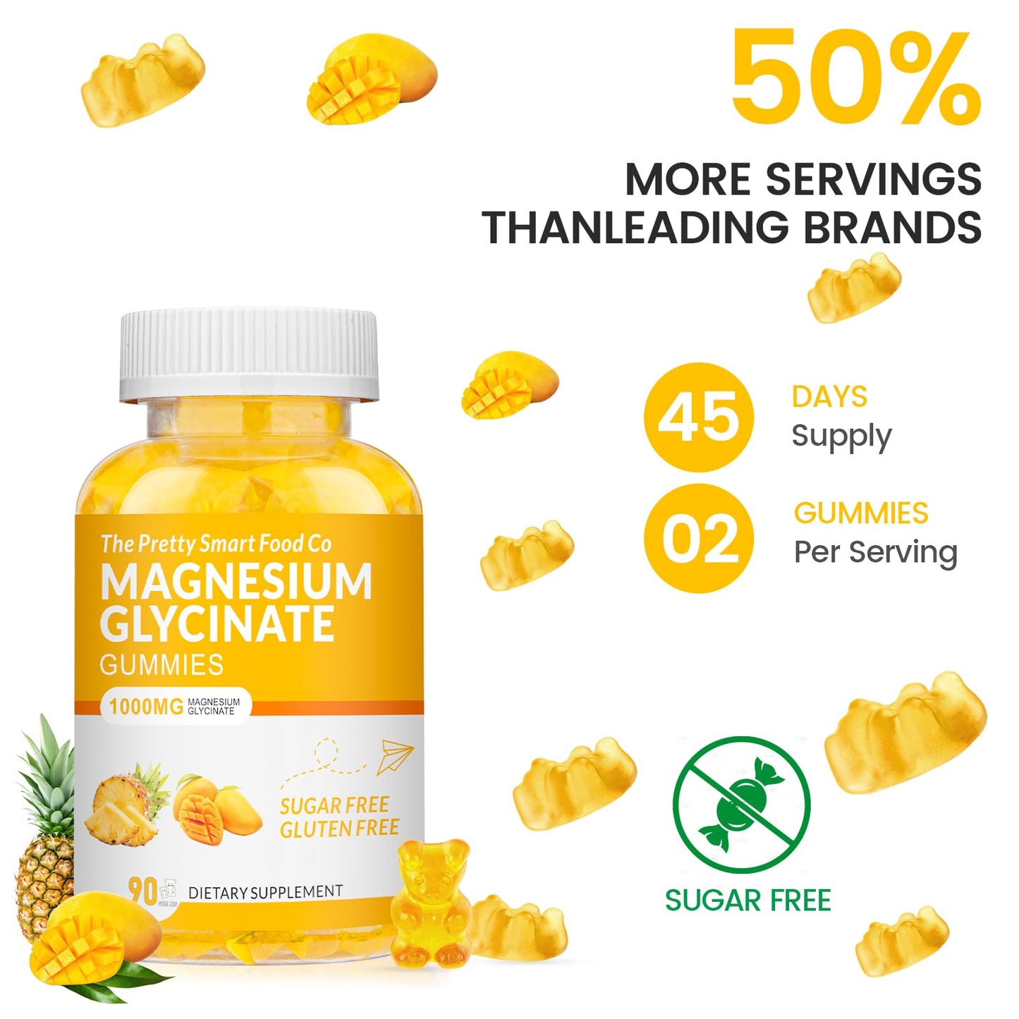 Magnesium Glycinate Gummies 1000mg - 90 Ct | Calm Mood, Sleep Support | Mango Pineapple