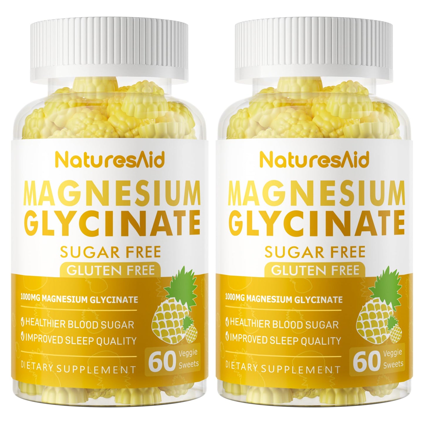 Nature's Aid Magnesium Glycinate Gummies 1000mg – Sugar-Free Pineapple Gummies with Vitamin D, B6 & CoQ10 (120 each, 2 Pack)